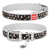 Ошейник WAUDOG Design с рисунком "Бабочки", премиум кожа, металлическая пряжка (ширина 35 мм, длина 46-60 см) белый