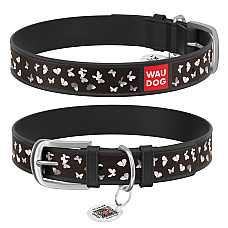 Ошейник WAUDOG Design с рисунком "Бабочки", премиум кожа, металлическая пряжка (ширина 15 мм, длина 27-36 см) черный