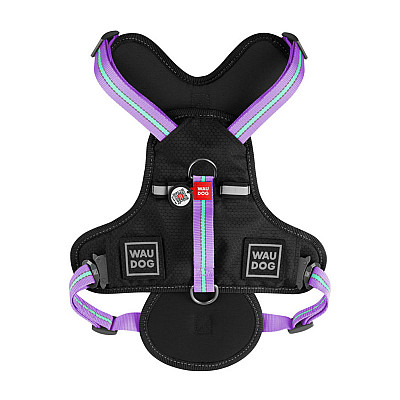 Шлей для собак безопасный WAUDOG Nylon с QR паспортом, металлическая пряжка-фастекс, S, Ш 20 мм, А 35-60 см, В 55-65 см фиолетовый