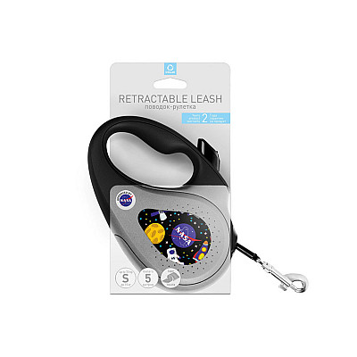 Повідець-рулетка для собак WAUDOG R-leash, малюнок "NASA", S, до 15 кг, 5 м, світловідбиваюча стрічка чорний