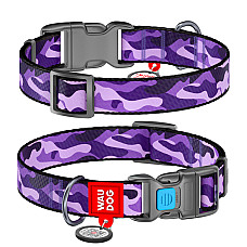 Ошейник для собак нейлоновый WAUDOG Nylon с QR паспортом, рисунок "Фиолетовый камо", пластиковый фастекс, Ш 25 мм, Длин 33-49 см