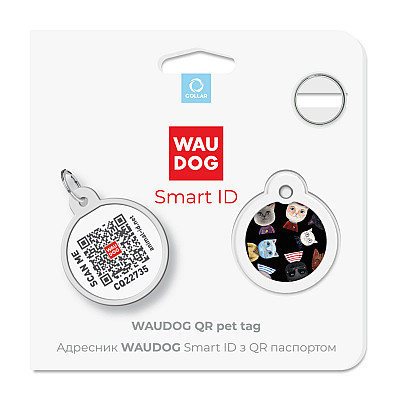 Адресник для собак и кошек металлический WAUDOG Smart ID с QR паспортом, рисунок "Кошки", круг, Д 25 мм