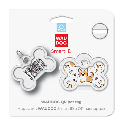 Адресник для собак и кошек металлический WAUDOG Smart ID с QR паспортом, рисунок "Корги", кость, Д 40 мм, Ш 28 мм