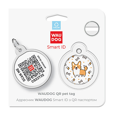 Адресник для собак і котів металевий WAUDOG Smart ID з QR паспортом, малюнок "Коргі", коло, Д 30 мм