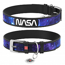 Нашийник для собак шкіряний WAUDOG Design з QR паспортом, малюнок "NASA21", S, Ш 20 мм, Д 29-38 см, чорний