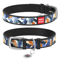 Ошейник WAUDOG Design с рисунком "Джунгли", премиум кожа, металлическая пряжка (ширина 35 мм, длина 46-60 см) черный