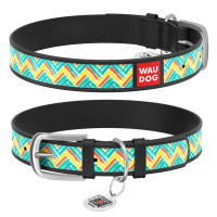 Ошейник WAUDOG Design с рисунком "Зигзаг", премиум кожа, металлическая пряжка (ширина 35 мм, длина 46-60 см) черный
