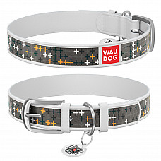 Ошейник WAUDOG Design с рисунком "Крестики", премиум кожа, металлическая пряжка (ширина 25 мм, длина 38-49 см) белый