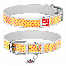 Нашийник WAUDOG Design з малюнком "Жовта полька", преміум шкіра, металева пряжка (ширина 12 мм, довжина 19-25 см) білий