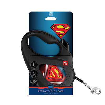 Повідець-рулетка для собак WAUDOG R-leash, малюнок "Супермен Лого", L, до 50 кг, 5 м, світловідбиваюча стрічка чорний