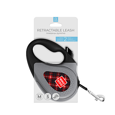 Повідець-рулетка для собак WAUDOG R-leash, малюнок "Шотландка", M, до 25 кг, 5 м, світловідбиваюча стрічка