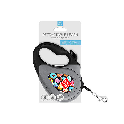 Повідець-рулетка для собак WAUDOG R-leash, малюнок "Пончики", S, до 15 кг, 5 м, світловідбиваюча стрічка чорний