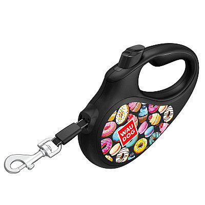 Повідець-рулетка для собак WAUDOG R-leash, малюнок "Пончики", S, до 15 кг, 5 м, світловідбиваюча стрічка чорний
