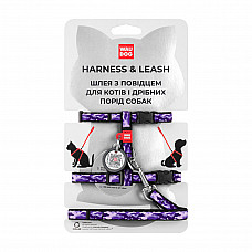 Шлея з повідцем для котів WAUDOG Nylon з QR паспортом, малюнок "Фіолетовий камо", пластиковий фастекс, Ш 10 мм, В 25-40 см, С 20-30 см