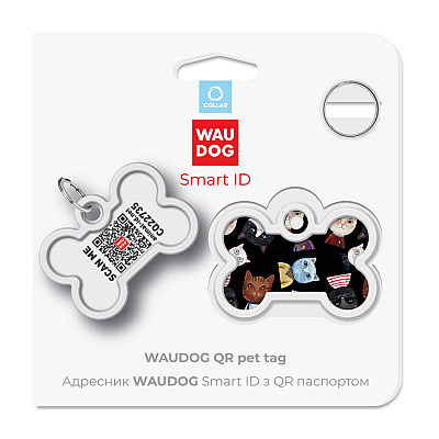 Адресник для собак и кошек металлический WAUDOG Smart ID с QR паспортом, рисунок "Коты", кость, Д 40 мм, Ш 28 мм