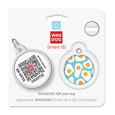 Адресник для собак і котів металевий WAUDOG Smart ID з QR паспортом, малюнок "Яєчня", коло, Д 30 мм