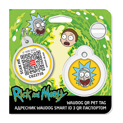 Адресник для собак і котів металевий WAUDOG Smart ID з QR паспортом, малюнок "Рік та Морті 3", коло, Д 30 мм