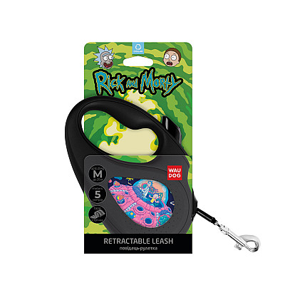 Повідець-рулетка для собак WAUDOG R-leash, малюнок "Рік та Морті 1", M, до 25 кг, 5 м, світловідбиваюча стрічка чорний