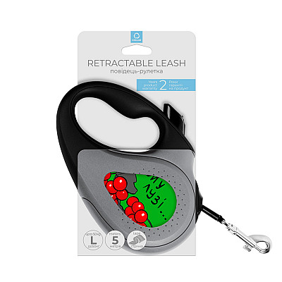 Повідець-рулетка для собак WAUDOG R-leash, малюнок "Калина", L, до 50 кг, 5 м, світловідбиваюча стрічка чорний