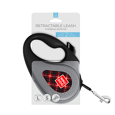 Поводок-рулетка для собак WAUDOG R-leash, рисунок "Шотландка", L, до 50 кг, 5 м, светоотражающая черная лента