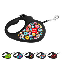 Поводок-рулетка для собак WAUDOG R-leash, рисунок "Пончики", M, до 25 кг, 5 м, светоотражающая лента черный