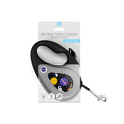 Повідець-рулетка для собак WAUDOG R-leash, малюнок "NASA", M, до 25 кг, 5 м, світловідбиваюча стрічка чорний