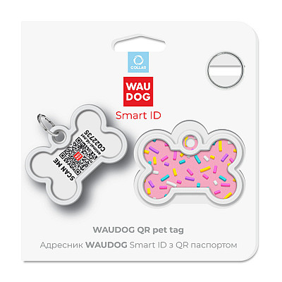 Адресник для собак и кошек металлический WAUDOG Smart ID с QR паспортом, рисунок "Маршмеллоу", кость, Д 40 мм, Ш 28 мм