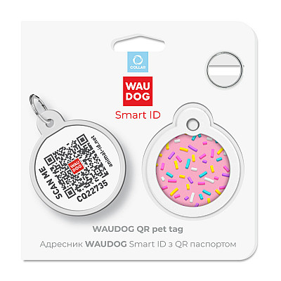 Адресник для собак і котів металевий WAUDOG Smart ID з QR паспортом, малюнок "Маршмеллоу", коло, Д 30 мм