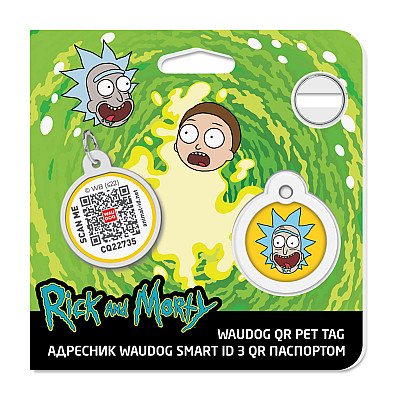 Адресник для собак і котів металевий WAUDOG Smart ID з QR паспортом, малюнок "Рік та Морті 3", коло, Д 25 мм