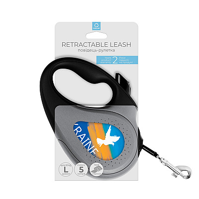 Повідець-рулетка для собак WAUDOG R-leash, малюнок "Прапор", L, до 50 кг, 5 м, світловідбиваюча стрічка чорний