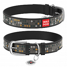 Ошейник WAUDOG Design с рисунком "Крестики", премиум кожа, металлическая пряжка (ширина 35 мм, длина 46-60 см) черный