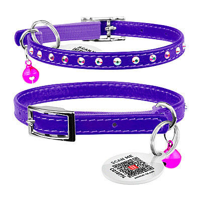 Ошейник "WAUDOG GLAMOUR" с резинкой, клеевыми стразами, для кошек (ширина 9мм, длина 22-30см) фиолетовый