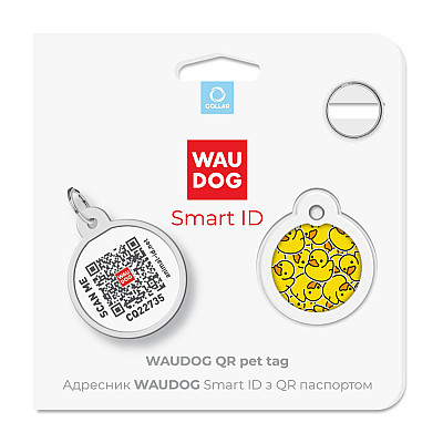 Адресник для собак и кошек металлический WAUDOG Smart ID с QR паспортом, рисунок "Уточки", круг, Д 25 мм