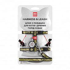 Шлея з повідцем для котів та дрібних порід собак WAUDOG Nylon з QR-паспортом, малюнок "Мілітарі", пластиковий фастекс, XS, Ш 10 мм, Дов 122 см, В 25-40 см, С 20-30 см