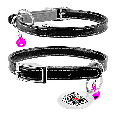 Ошейник для кошек кожаный WAUDOG Glamour с QR паспортом, без украшений, Ш 9 мм, Длин 22-30 см черный