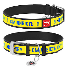 Нашийник для собак шкіряний WAUDOG Design з QR паспортом, малюнок "Сміливість", S, Ш 15 мм, Дов 26-35 см, чорний
