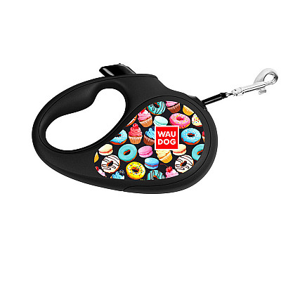 Повідець-рулетка для собак WAUDOG R-leash, малюнок "Пончики", L, до 50 кг, 5 м, світловідбиваюча стрічка чорний