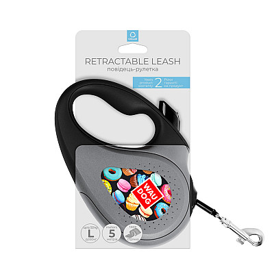Повідець-рулетка для собак WAUDOG R-leash, малюнок "Пончики", L, до 50 кг, 5 м, світловідбиваюча стрічка чорний