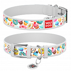 Нашийник для собак шкіряний WAUDOG Design з QR паспортом, малюнок "Пончики", Ш 25 мм, Дов 38-49 см білий