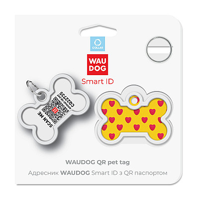 Адресник для собак и кошек металлический WAUDOG Smart ID с QR паспортом, рисунок "Сердца", кость, Д 40 мм, Ш 28 мм