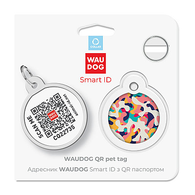 Адресник для собак и кошек металлический WAUDOG Smart ID с QR паспортом, рисунок "Камо разноцветный", круг, Д 30 мм