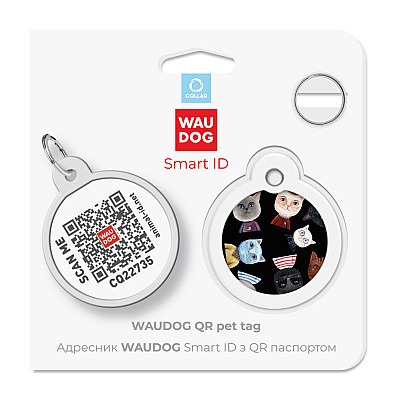 Адресник для собак і котів металевий WAUDOG Smart ID з QR паспортом, малюнок "Коти", коло, Д 30 мм