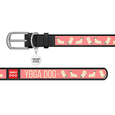 Нашийник WAUDOG Design з малюнком "Йога-пес", преміум шкіра, металева пряжка (ширина 12 мм, довжина 21-29 см) чорний