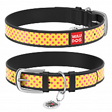 Нашийник WAUDOG Design з малюнком "Жовта полька", преміум шкіра, металева пряжка (ширина 12 мм, довжина 21-29 см) чорний