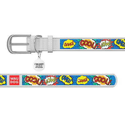 Нашийник WAUDOG Design з малюнком "ВАУ", преміум шкіра, металева пряжка (ширина 35 мм, довжина 46-60 см) білий