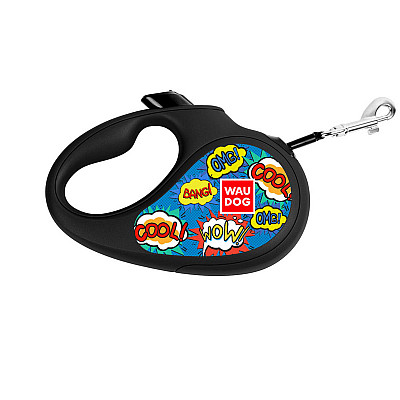 Повідець-рулетка для собак WAUDOG R-leash, малюнок "ВАУ", XS, до 12 кг, 3 м, світловідбиваюча стрічка чорний