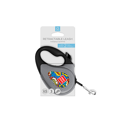 Повідець-рулетка для собак WAUDOG R-leash, малюнок "ВАУ", XS, до 12 кг, 3 м, світловідбиваюча стрічка чорний