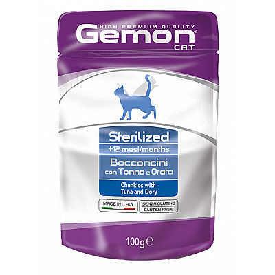 Вологий корм для котів Gemon Cat Wet Sterilized шматочки з тунцем та рибкою дорі, 100 г