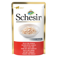 Schesir Chicken Seabass ШЕЗИР КУРИНОЕ ФИЛЕ с морским окунем в желе натуральные консервы для кошек, влажный корм, пауч 85г 0.085 кг.