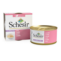 Schesir Salmon ШЕЗИР ЛОСЬ В бульоне натуральные консервы для кошек, влажный корм, банка 85г 0.085 кг.